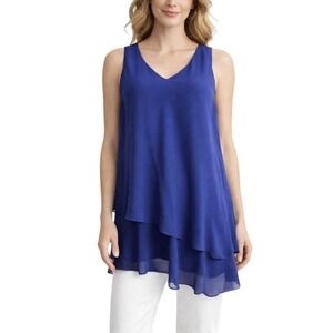 NWT Eileen Fisher Blue Asymmetric Sleeveless Silk Tunic Blouse Sheer Womens Med.